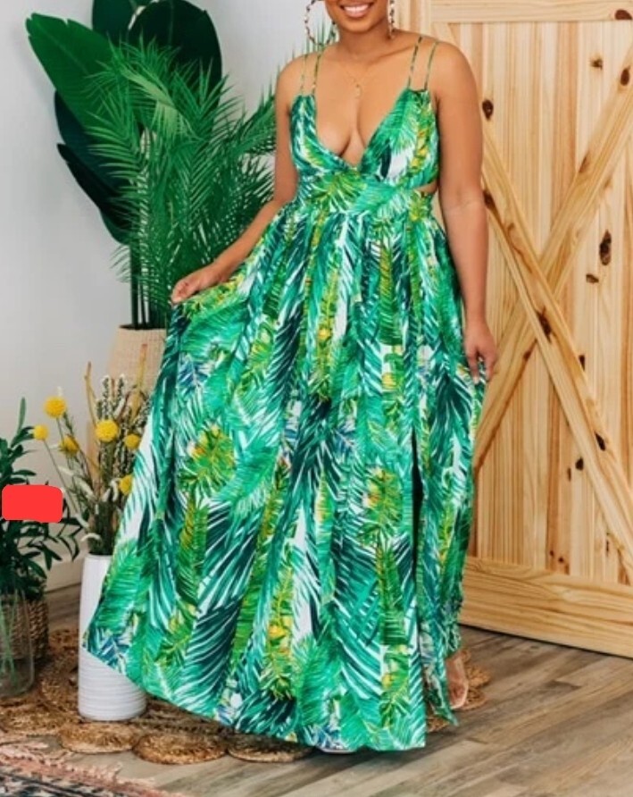 Key West Tropical Maxi Dress Size L Cut Out Waist High Slit *please READ* |  eBay