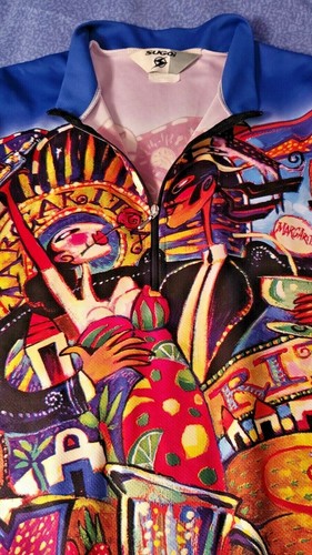 SUGOi Cycling Jersey Margarita Dancers Size Large Blue All Over Funky Art Print - Picture 2 of 7
