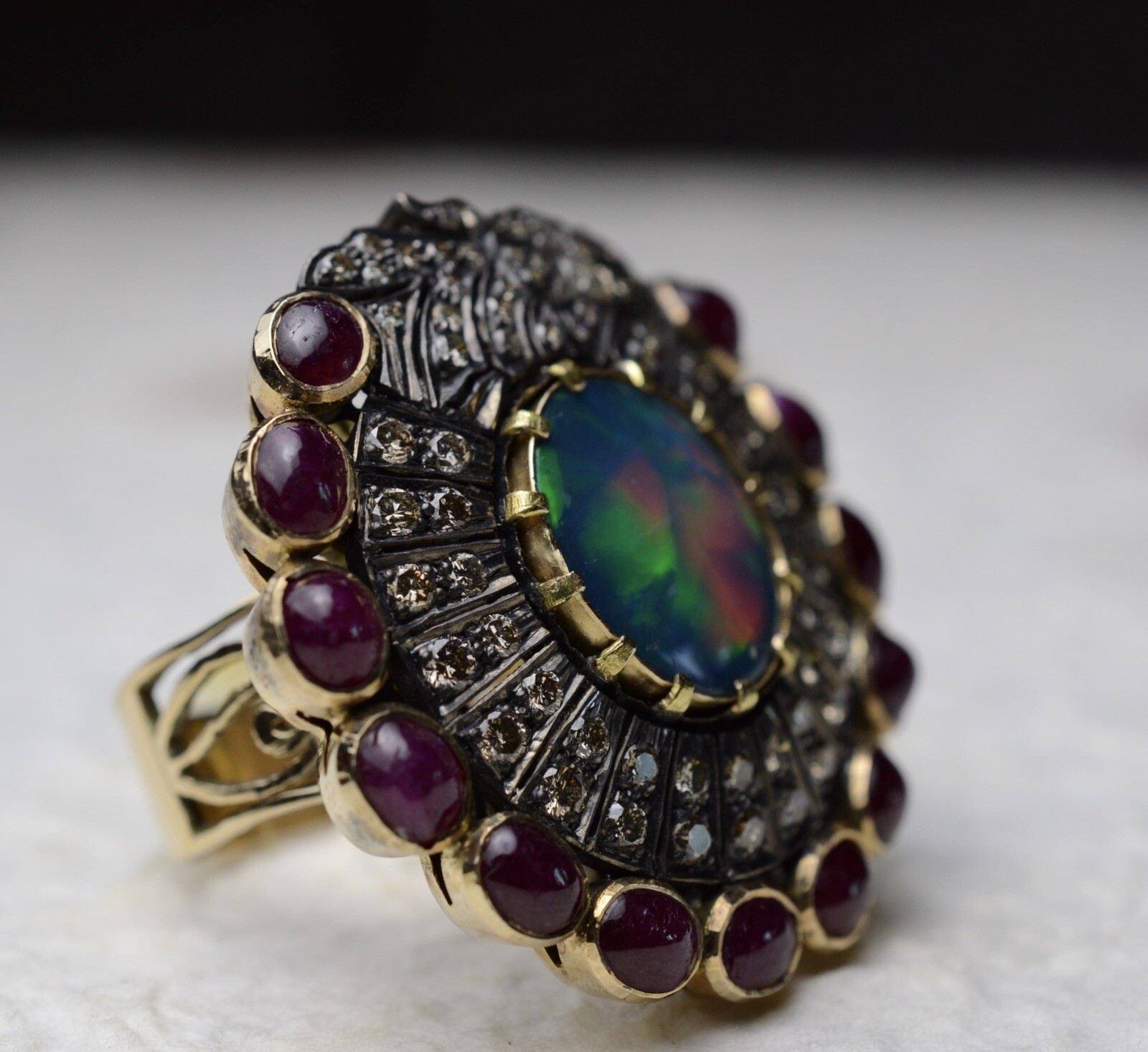 Opal Ruby Diamond Huge Shield Ring 14K Solid Gold… - image 15