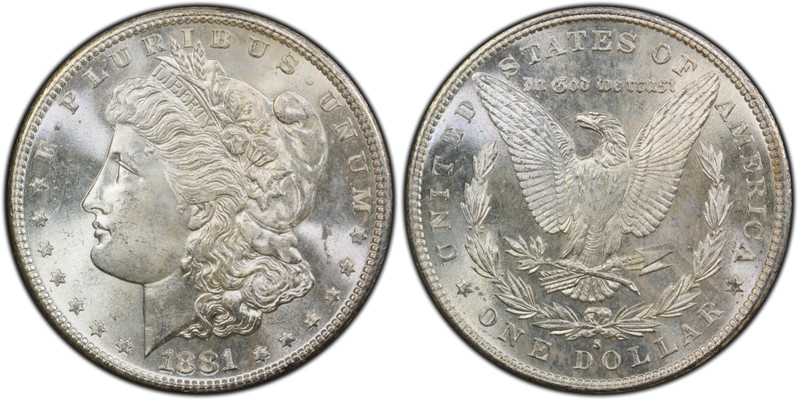 U.S. 1881-S MORGAN SILVER DOLLAR, GEM UNCIRCULATED PCGS CERTIFIED MS65