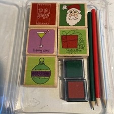 NEW Holiday Wood Mounted Rubber 5-Stamp Set 2 Ink Pads 3 Pencils Set Of 10