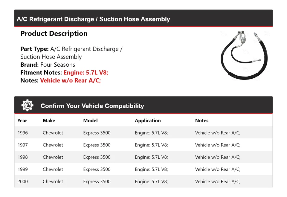Conjunto de manguera de línea de succión de descarga para Chevrolet Express 3500 1996-00 4 mares Foto 2 de 3