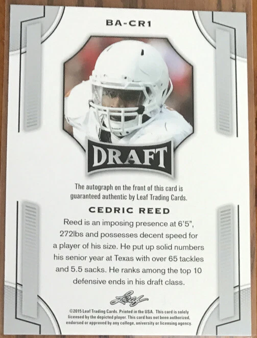 2015 Leaf Draft Autographs Cedric Reed #BA-CR1 Texas Longhorns - Image 2 of 2