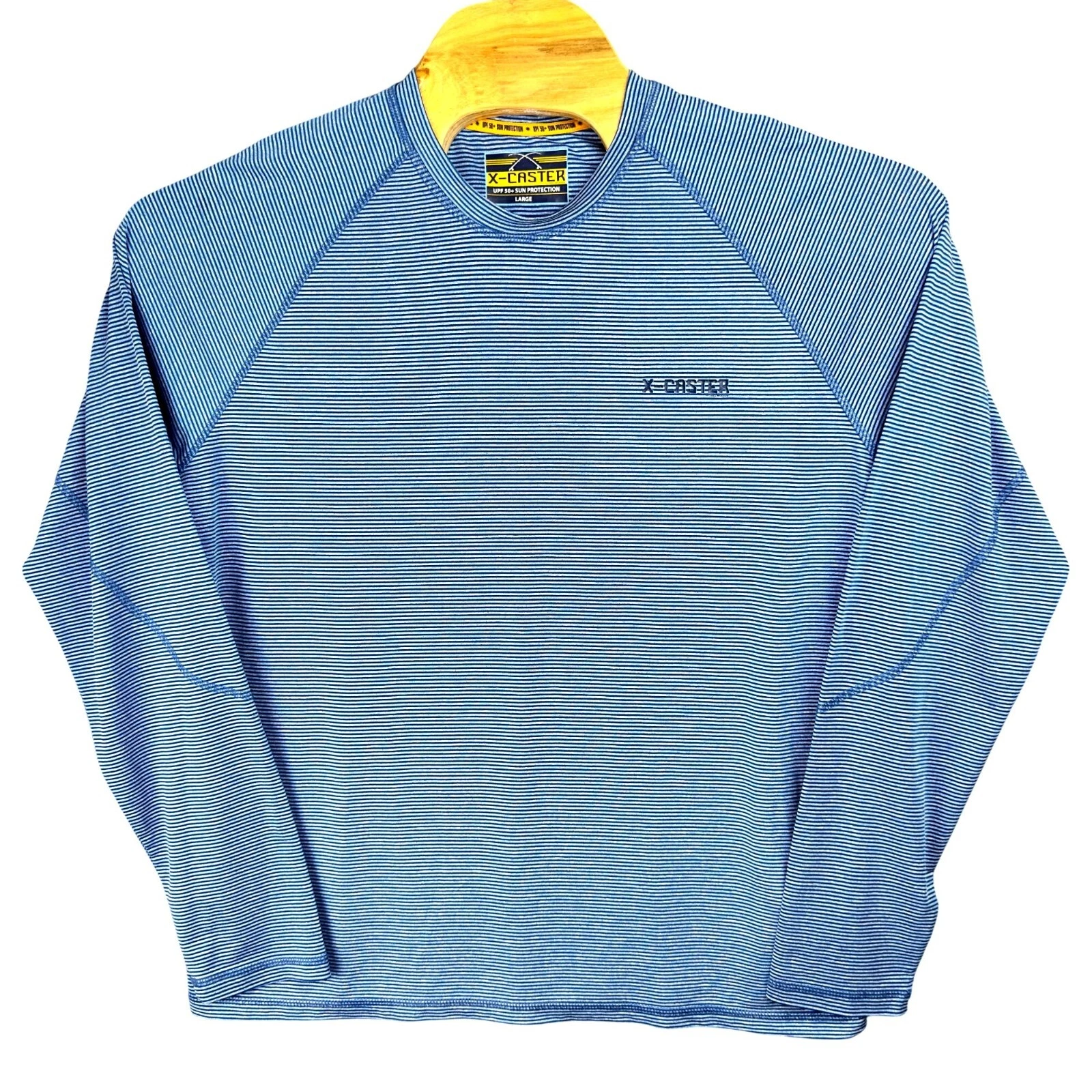 X-Caster T-Shirt Men L Blue UPF 50+ Sun Protection Fisherman Striped Long Sleeve
