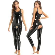 Women Patent Leather Full Bodysuit Sleeveless Crotchless Tights Teddy Clubwear