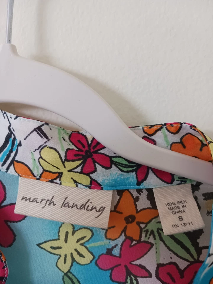 Marsh Landing Womens Silk Shirt Size S Multicolor Boho Colorful Abstract Artsy Foto 3 de 4