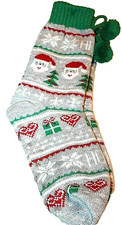 Holiday Stocking Stuffer Women's Green/Multi Santa Slipper Socks w/ Pom-Pom