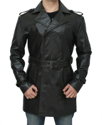 Men's WW2 German Classic Officer Military Uniform Black Leather Pea Coat 