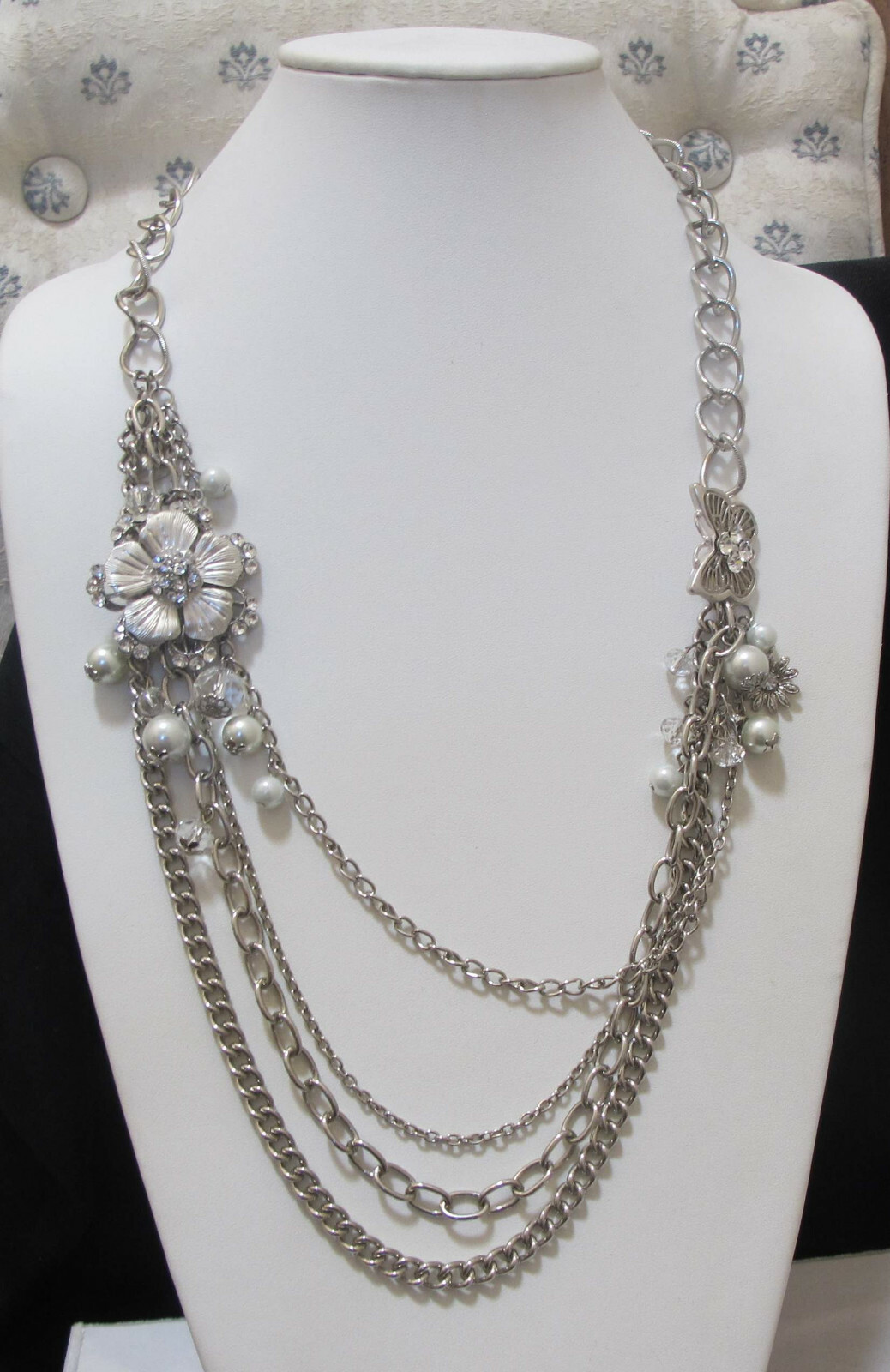 Statement Silver Tone Rhinestone FLOWER & BUTTERF… - image 1