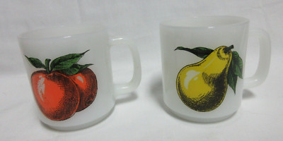 2 Vintage MCM  Glasbake Fruit Print Milk Glass Coffee Mugs PEAR & ORANGE USA