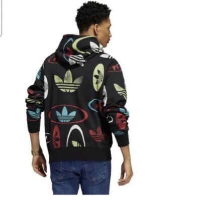Adidas Originals ALL OVER PRINT LOGO HOODIE Trefoil Sweat Shirt Mens sz Lrg  New