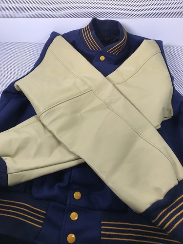 Vintage USA Holloway Varsity Jacket Mens L Black Gold Tan Leather Wool Sports - Picture 13 of 13