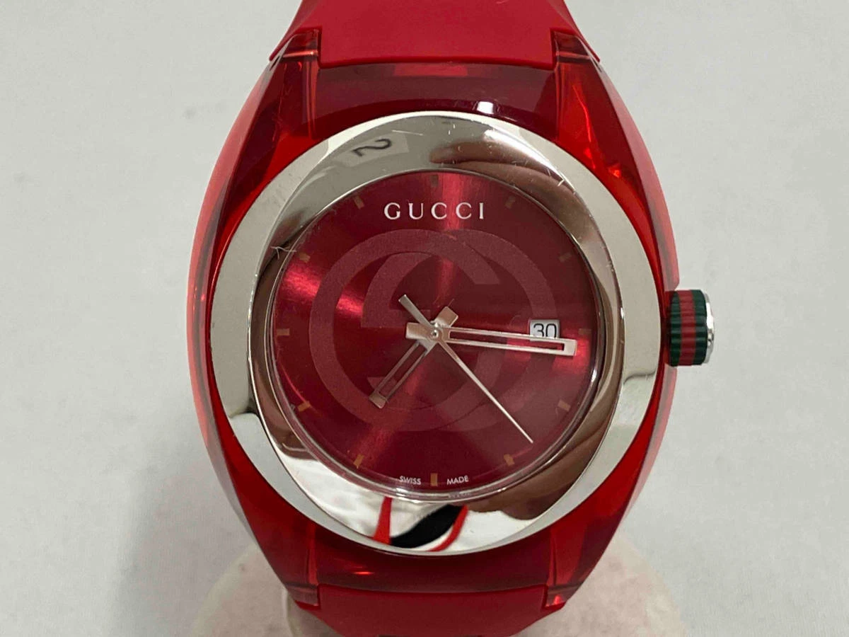 GUCCI SYNC 137.1 Quartz Men s Used Watch Red Silver Date Excellent