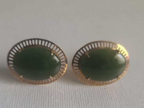 vintage mid-century cufflinks Goldtone jade. Oval Retro vibe