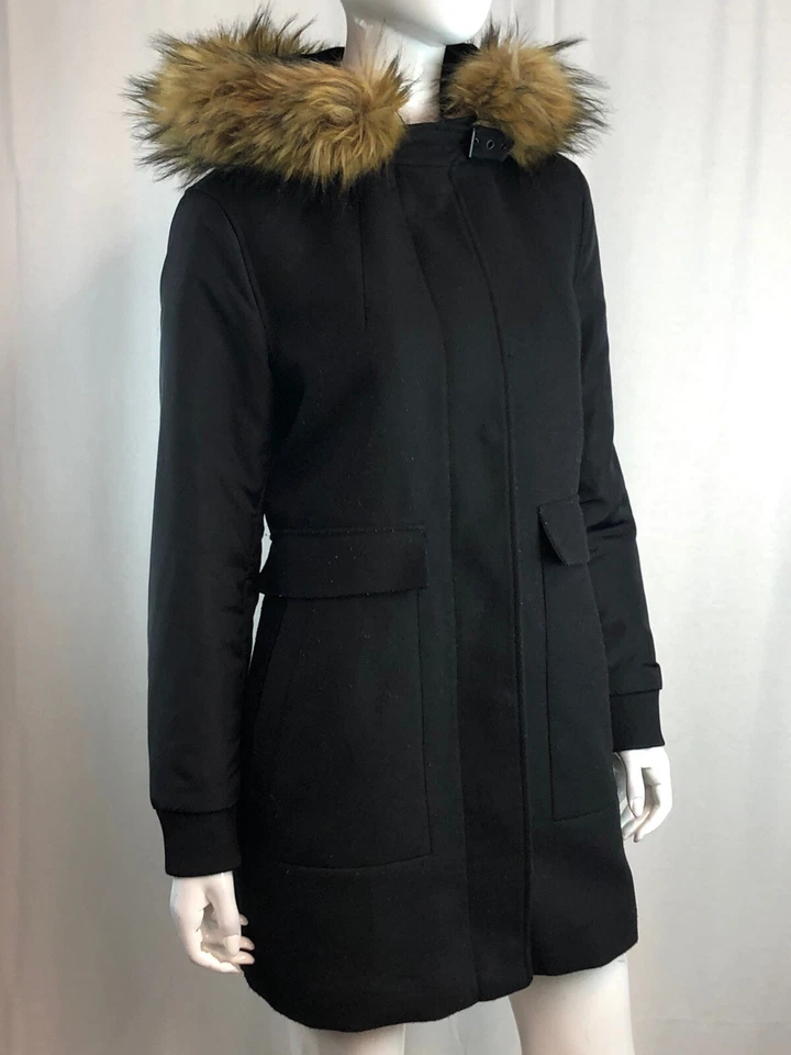 Chaqueta Parka Zara Para Mujer Grande Negra Lana Manga Abombada Capucha Piel Cremallera Chaquetón Foto 3 de 4