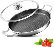 13 Inch Paella Pan, Stainless Steel with Lid, Honeycomb Nonstick Coating, PFOA F