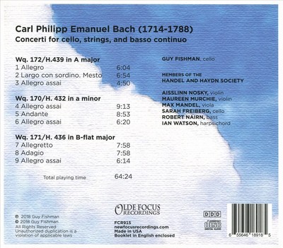 GUY FISHMAN C.P.E. BACH: CELLO CONCERTI NEW CD