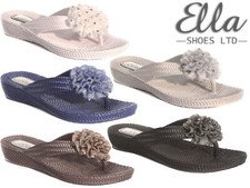 Ladies Flip Flops Sandals Comfort Toe Post Summer Beach Low Wedge Flower Ella