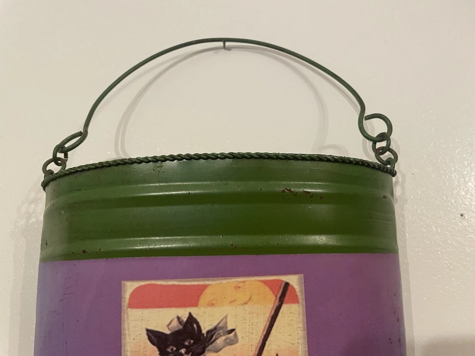 Primitive Halloween Metal Wall Pocket Black Cat Witch’s Broom & Hat Green Rustic - Image 4 of 4