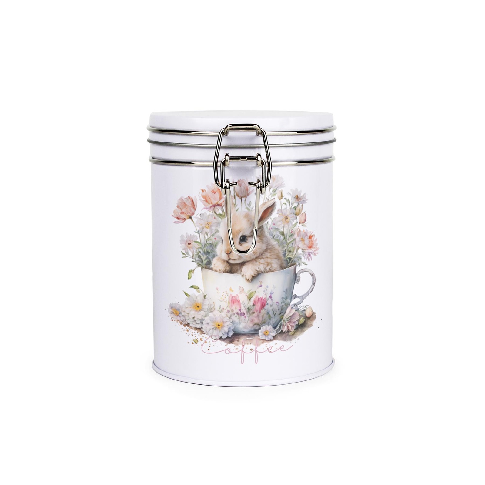 Teacup Bunny Coffee Canister - White Metal Clip Lid Kitchen Storage Gift 700ml