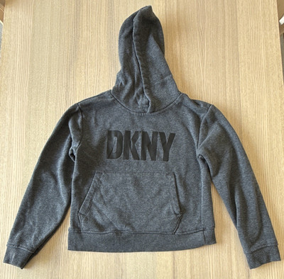 DKNY Boys Size 7 Gray Fleece Pullover Hoodie Long Sleeve Logo Pockets