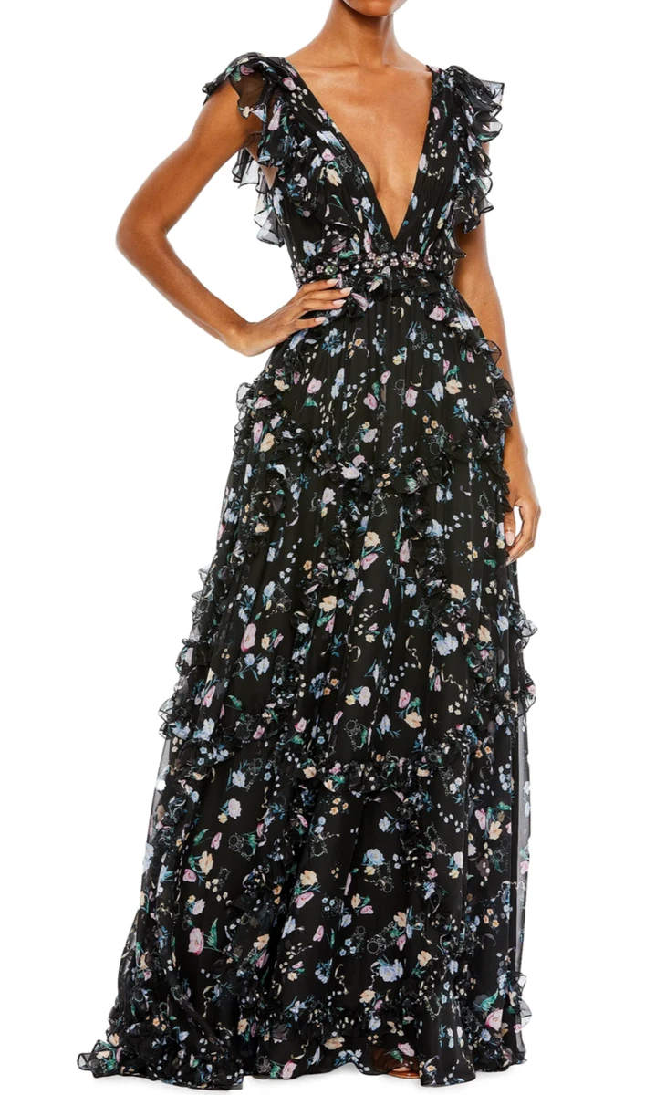 sachin and babi light blue dress RUFFLE TIERED FLORAL CUT-OUT CHIFFON GOWN Lemon main image 1