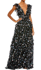Mac Duggal Size 2 Gown Black Floral Chiffon Ruffle Cap Sleeve Maxi Long Dress
