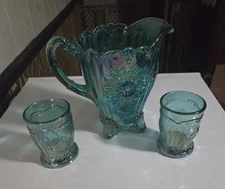 Mosser Glass ~Dahlia Teal Carnival Pitcher~2 Tumblers~3 Piece Set~SPECIAL SALE