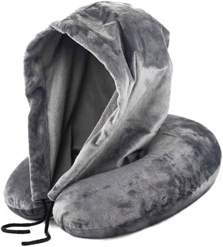Memory Foam Travel Pillow Neck Support Cushion w Carry Bag Ear Plugs & Hood