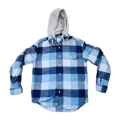 American Eagle Super Soft Flannel Removable Hood Blue Plaid Drawstring Warm Sz S
