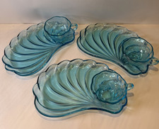 Hazel Ware Capri Azul Concha Marina Snack Set Bandejas y Tazas 6 Piezas Vidrio MCM De Colección