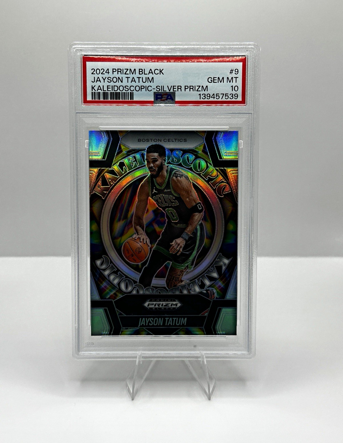 Panini 2024-25 Prizm Black Kaleidoscopic Jayson Tatum #9 Silver Prizm PSA 10 view 1