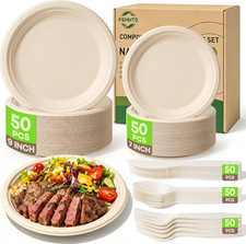 Compostable Paper Plates Set, 250PCS Disposable Heavy-Duty Sugarcane Plate and E