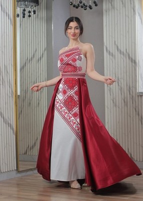 Palestinian Women Embroidered Off-Shoulder Satin Dress White and Red | eBay