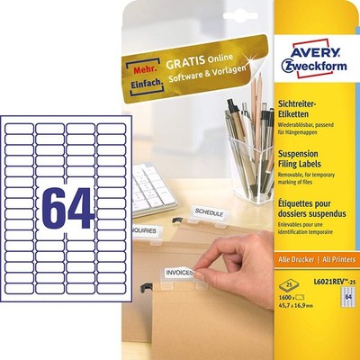 AVERY Zweckform Stick+Lift Sichtreiter Etiketten 45,7 x 16,9 mm weiß 1.600 Etike