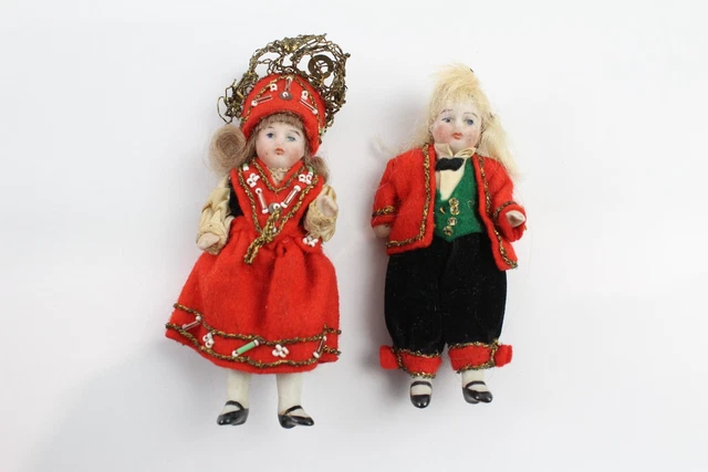 32 Bisque Miniature Mignonette Doll Pair Antique 9cm w/ Handmade Clothing