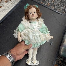Russ Porcelain Girl Doll Brown Curly Hair Gre...