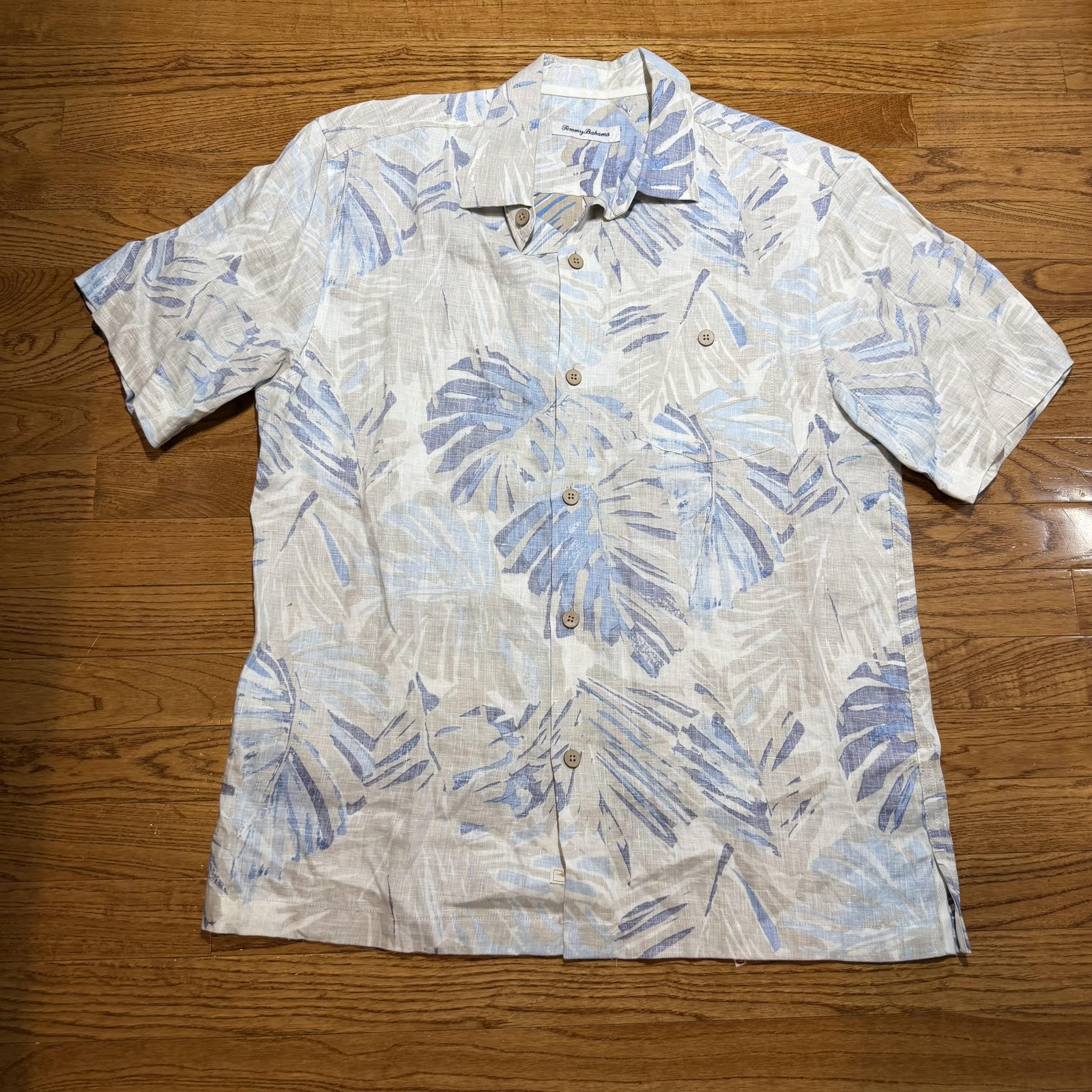 Tommy Bahama Shirt Mens Medium Blue Linen Hawaiian Leaf Short Sleeve Button Up