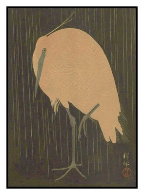 Heron Bird in the Rain by Asian Ohara Koson Shoson Counted Cross Stitch Pattern