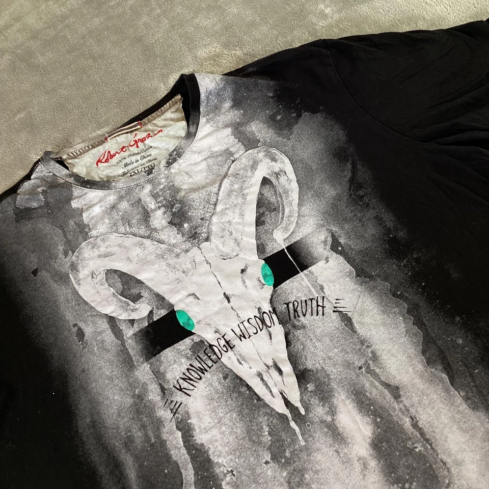 Camisa Robert Graham Para Hombres 2XL Negra Ram Calavera Gráfico Conocimiento Sabiduría Verdad Camiseta Foto 2 de 4