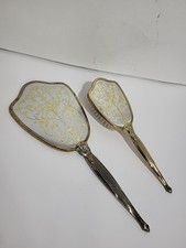 VTG GOLD  SILVERTONE VANITY HAIR BRUSH  HAND MIRROR
