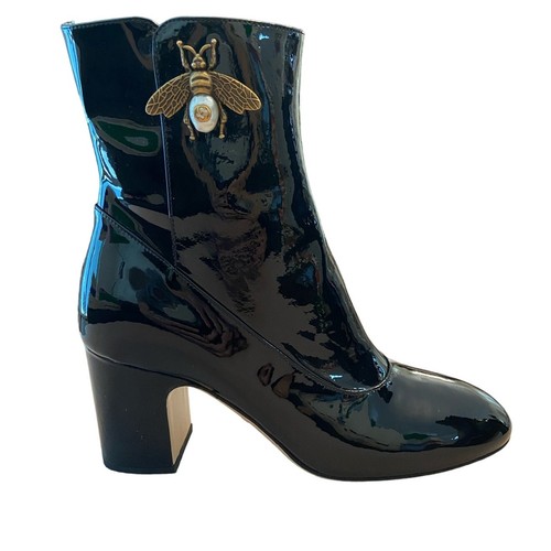 GUCCI Lois Bee Embellished Patent Leather Booties Block Heel Sz 35/US 5 - Picture 3 of 16