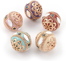 5Pcs Handmade Indonesia Beads Mixed Colors round with Flower Polymer Clay Loose