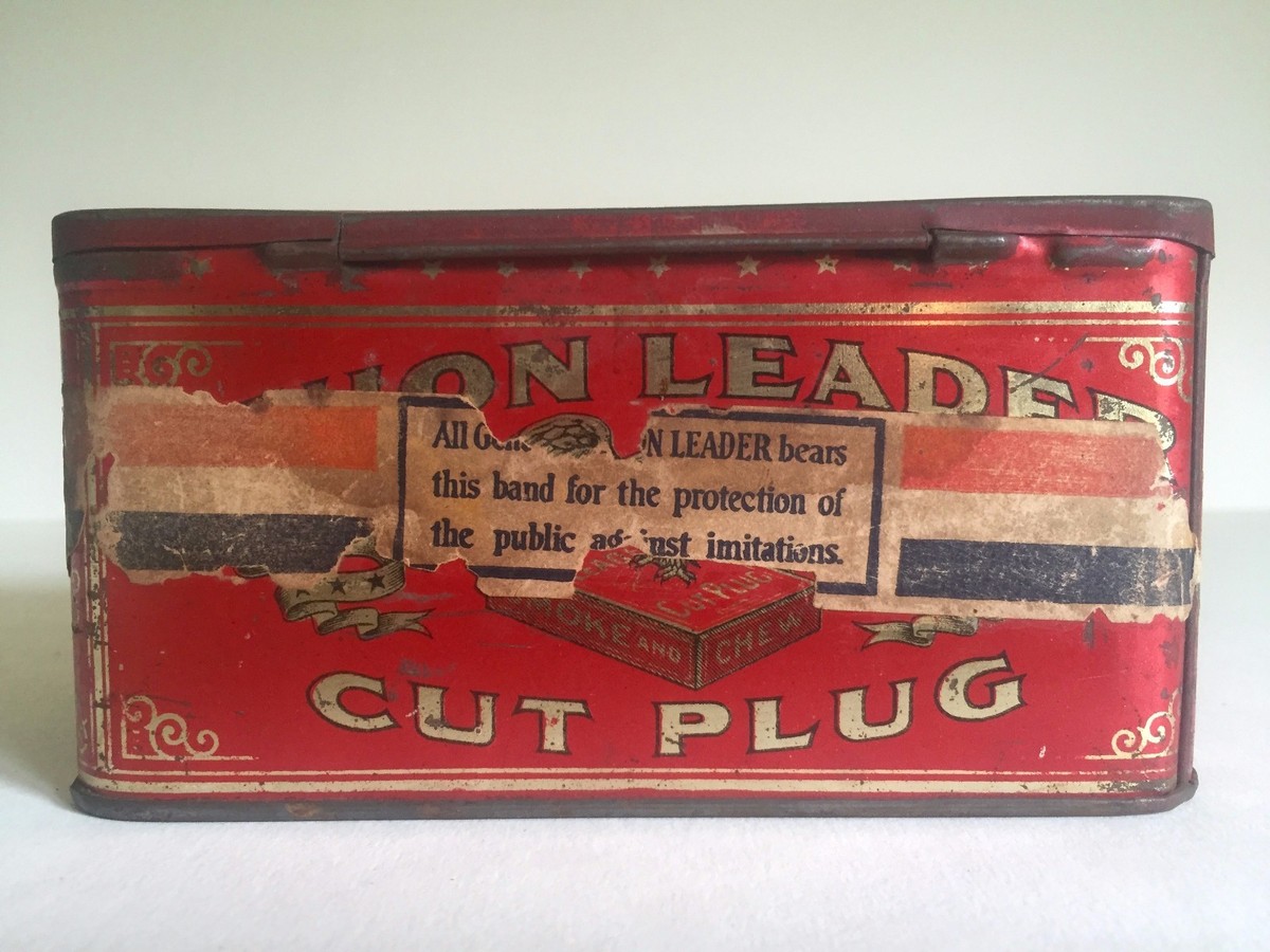 VINTAGE EARLY 1900'S UNION LEADER CUT PLUG TOBACCO TIN METAL