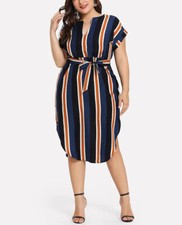 Women Causal Stripe Print Short Sleeve V-Neck Long Dress Plus Size