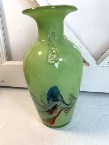Art Glass Vase Vintage Green Blue Red  Hand Blown  Dalian Glass Co. Murano Style