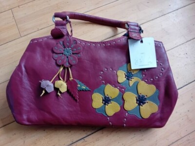Debenhams Leather Bag DEBENHAMS BURGUNDY FLOWER DETAIL LEATHER HANDBAG