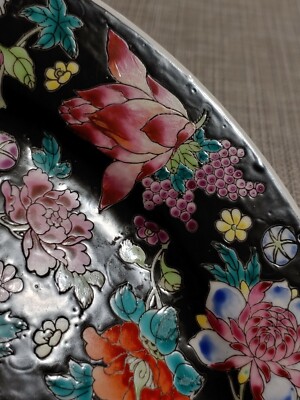 景德镇墨地粉彩瓷器果盘China Jingdezhen Famille Noire Fencai