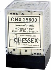 Chessex Opaque Ivory with Black 36 Dice Set - 6 Sided - 12mm d6 Dice Block