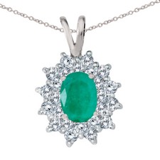 14k White Gold Emerald Oval Pendant with Diamonds and 18" Chain